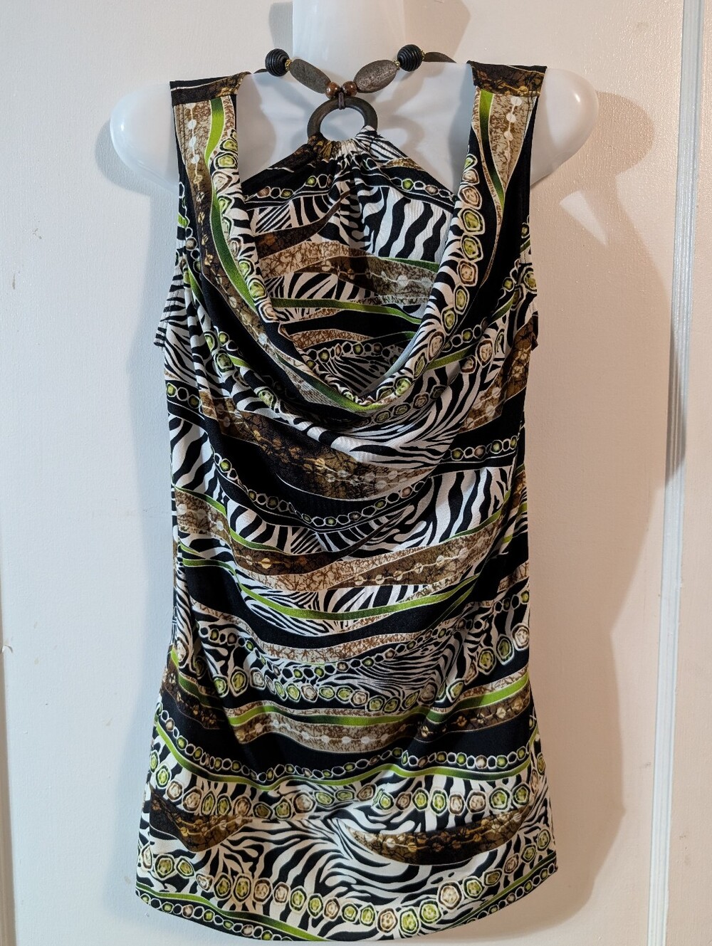 New Directions Black White and Green Patterned Cowl-Neck Camisole